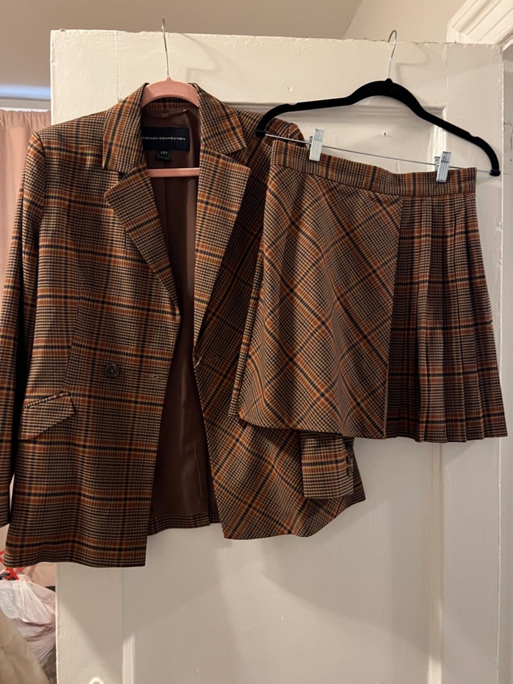 French Connection Plaid Blazer and Pleated Skirt in Brown and Tan